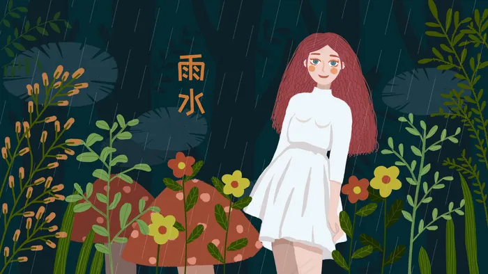春天雨水森林里的白裙女孩(2880X1620(DPI:300))psd模版下载
