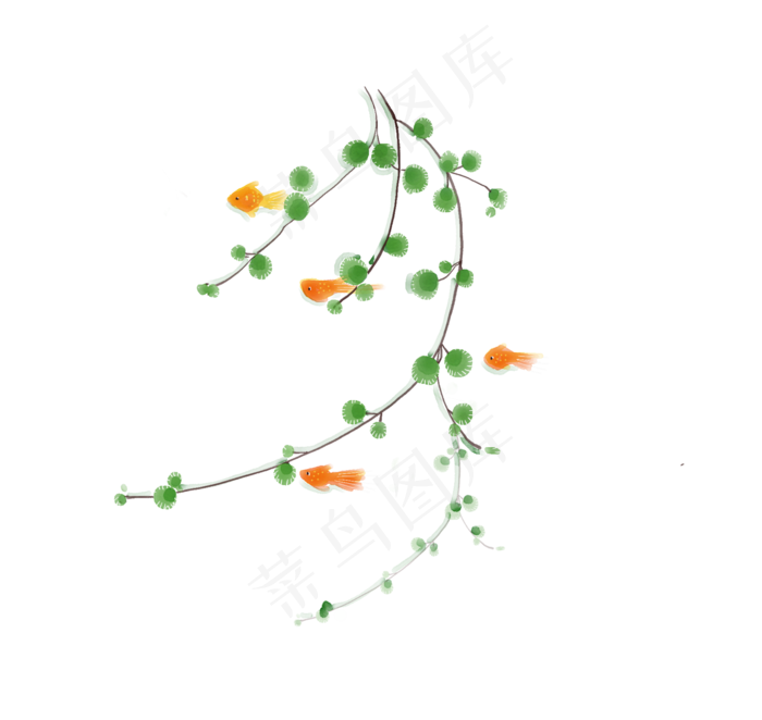 水彩小金鱼游过水草