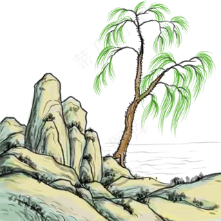 中国风山水画国画柳树青绿山水