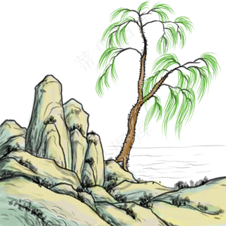 中国风山水画国画柳树青绿山水