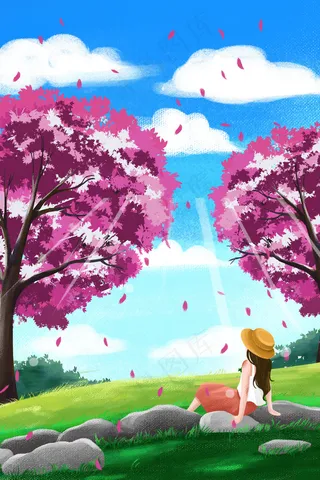 女生花海樱花春季花海风景粉色治愈唯美