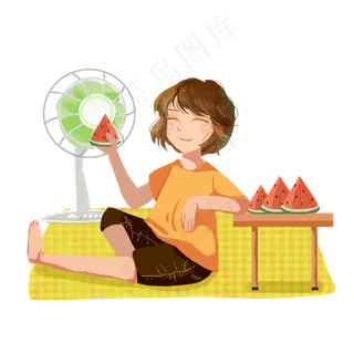 大暑吹电扇吃瓜女生png素材