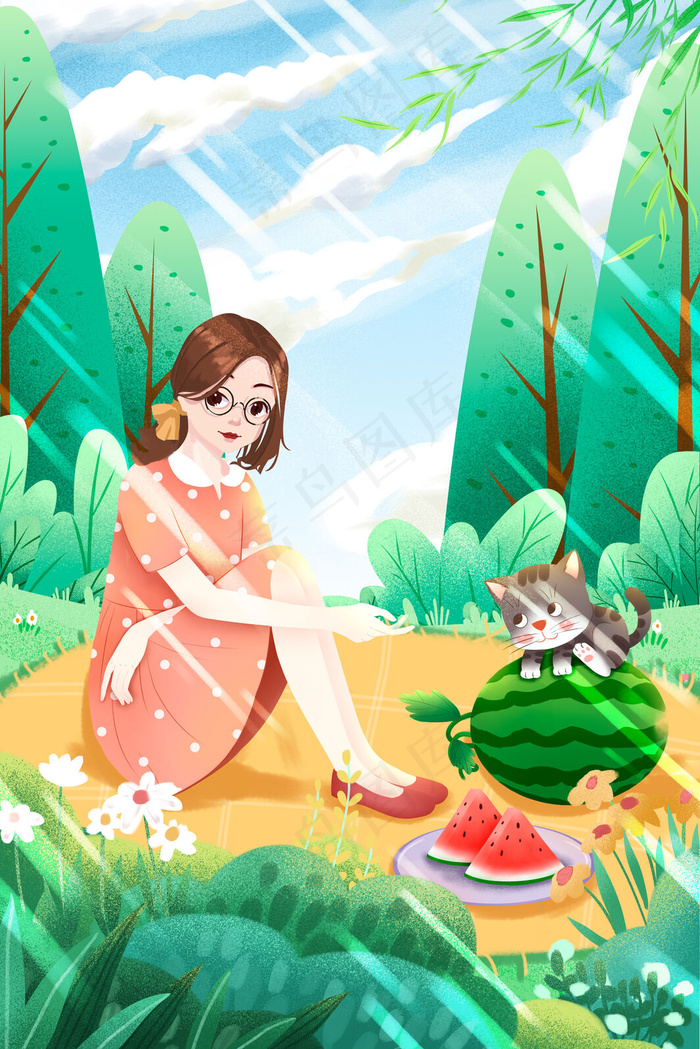 唯美卡通小清新女孩夏日插画