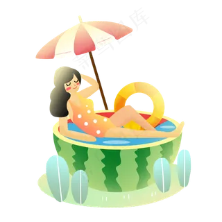 大暑西瓜上的女孩度假乘凉