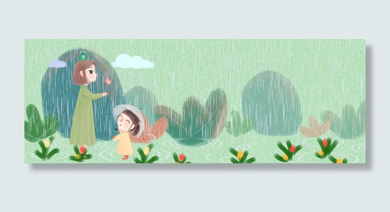 雨中的孩子和妈妈