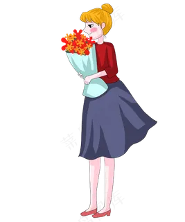 春天红色系拿大束花的女孩