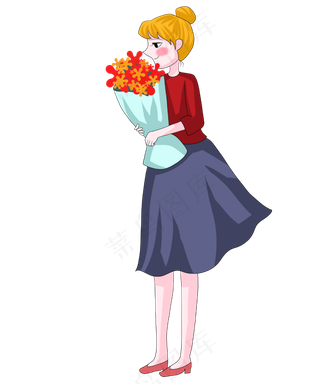 春天红色系拿大束花的女孩