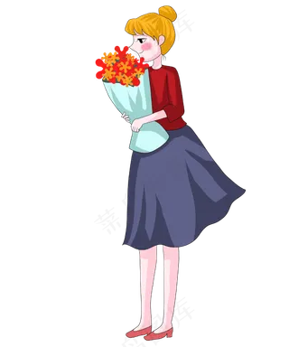 春天红色系拿大束花的女孩