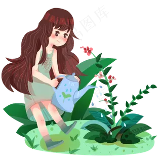 春分浇花的小女孩,免抠元素