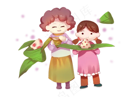 端午节外婆和小女孩一起吃粽子