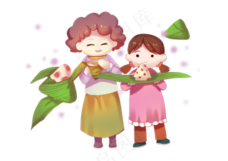 端午节外婆和小女孩一起吃粽子