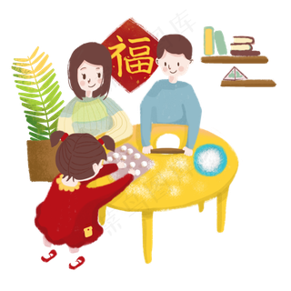 一家三口做汤圆卡通手绘图,免抠元素