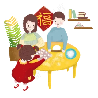 一家三口做汤圆卡通手绘图,免抠元素