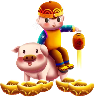 猪年主题骑猪童子手绘免抠元素