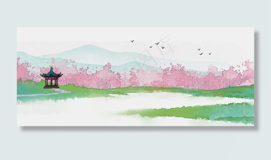 望亭汀水古风水墨山水风景