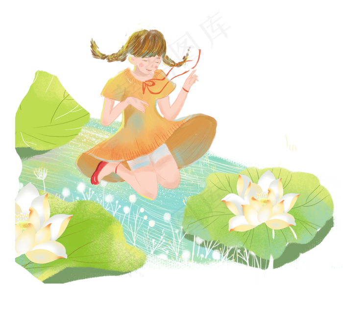 夏日大暑荷花莲叶少女