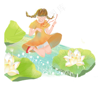 夏日大暑荷花莲叶少女