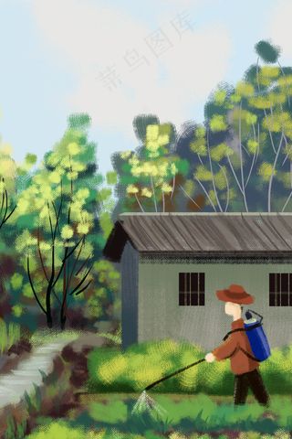 乡村草地房屋小清新风景油画