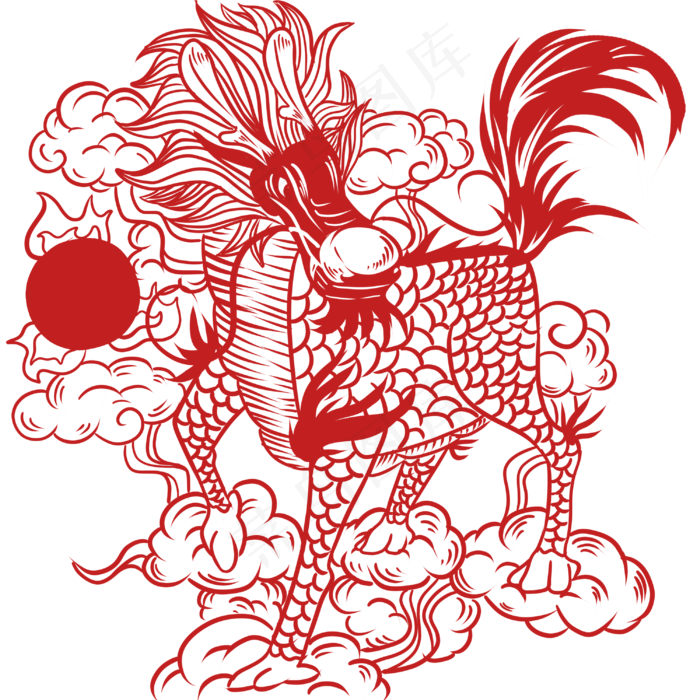 中国风喜庆剪纸窗花麒麟,免抠元素(3000*3000px 300 dpi )psd模版下载