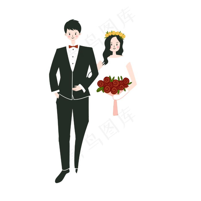手绘卡通矢量扁平情侣结婚玫瑰花