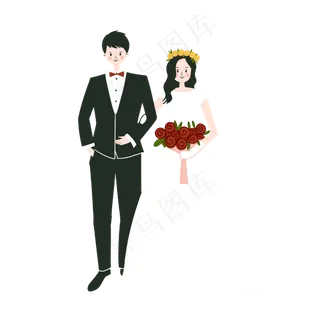 手绘卡通矢量扁平情侣结婚玫瑰花