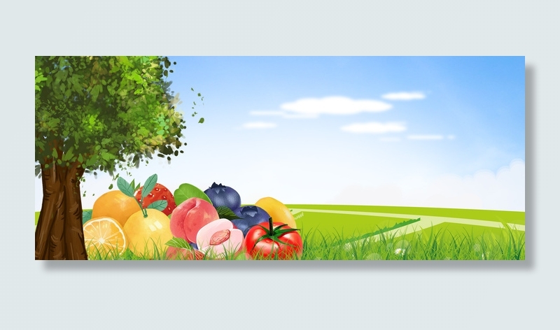 淘宝绿色水果创意猴子树木草地苹果芒果海报