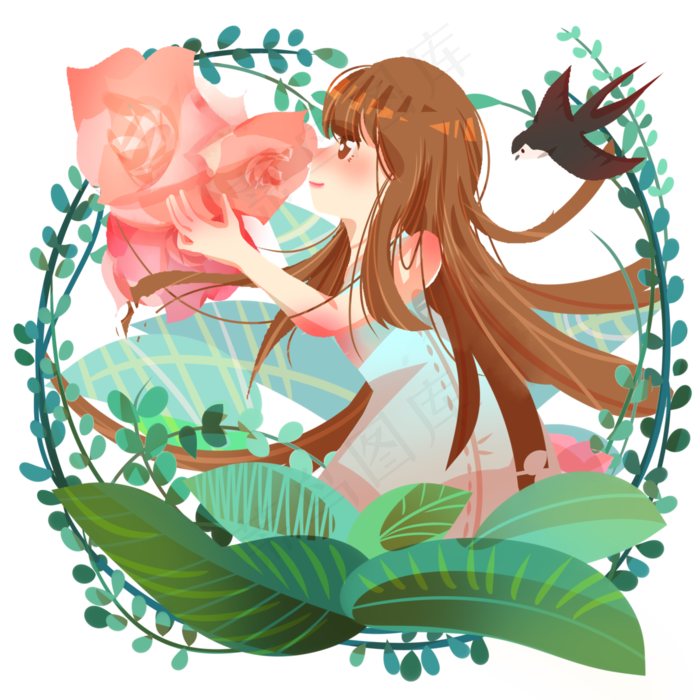 春分人物和鲜花插画,免抠元素