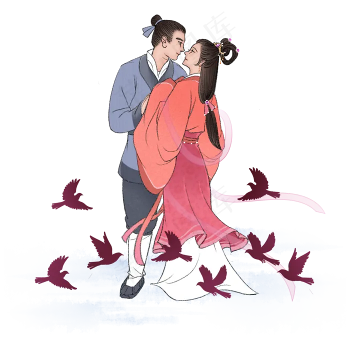 古风七夕鹊桥牛郎织女,免抠元素