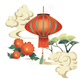 国潮复古红色灯笼和菊花,免抠元素