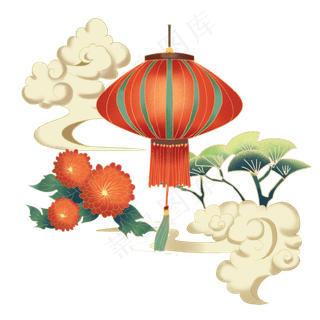 国潮复古红色灯笼和菊花,免抠元素
