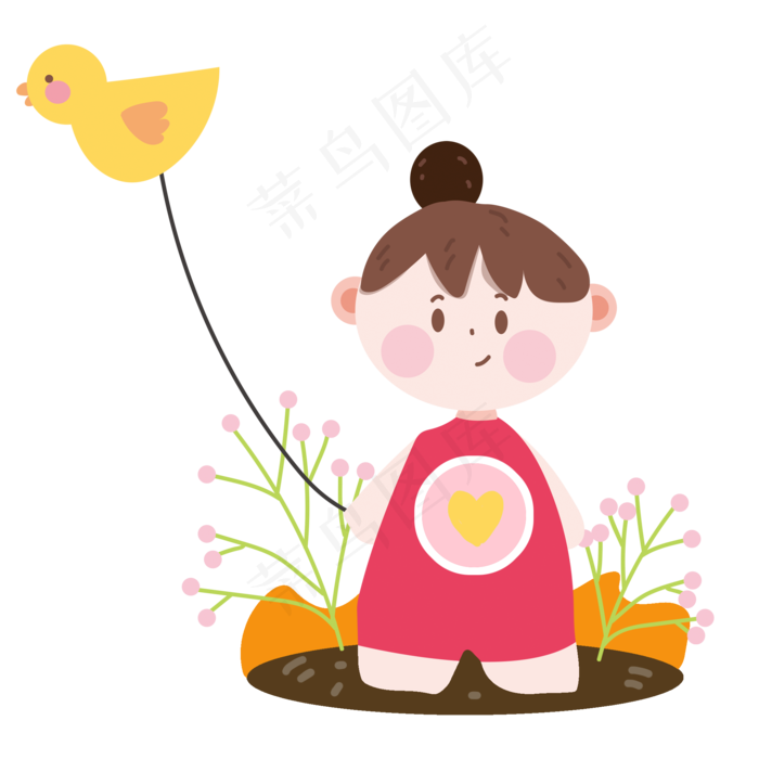 儿童节可爱手绘小黄鸭气球小女孩