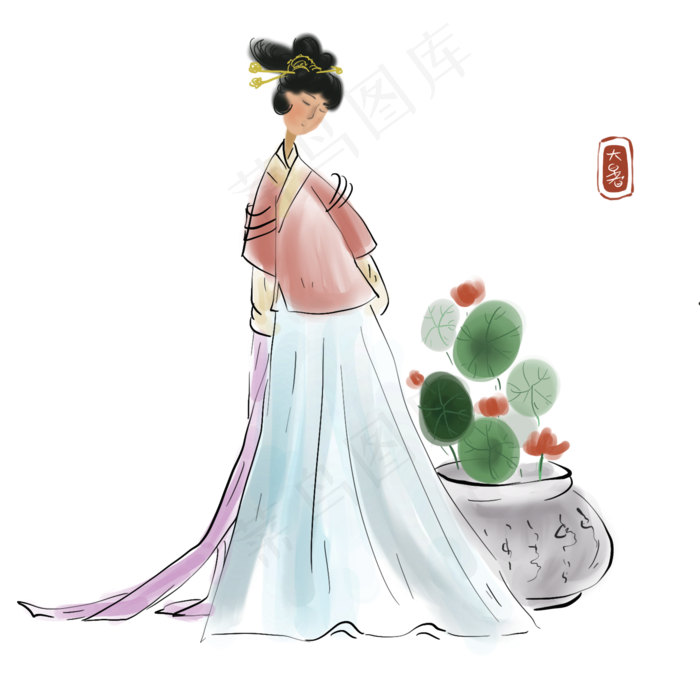 二十四节气大暑赏荷少女,免抠元素