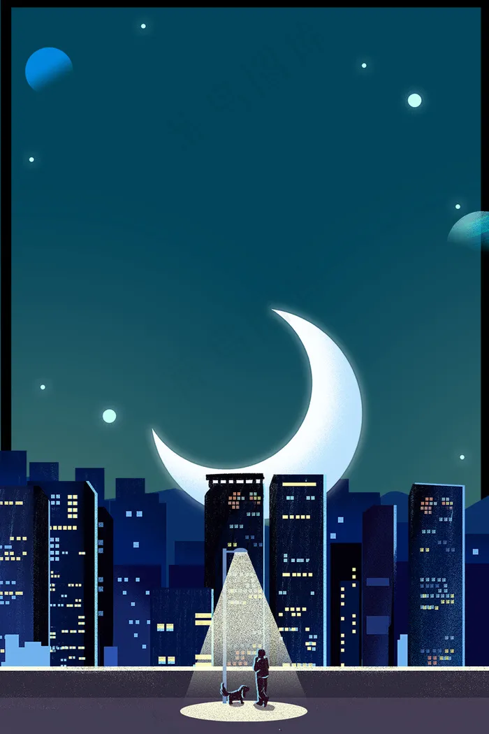 矢量卡通手绘城市夜景路灯下的人(3545*5315px 	      )psd模版下载