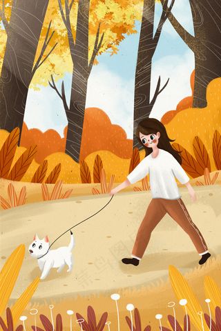 秋天季节女孩郊外遛狗