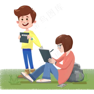 读书学习系列女孩坐着写字男孩站,免抠元素