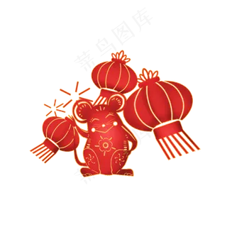 鼠年红灯笼剪纸,免抠元素