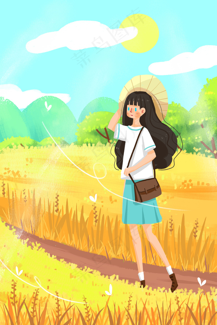 24节气芒种稻谷风景少女卡通插画