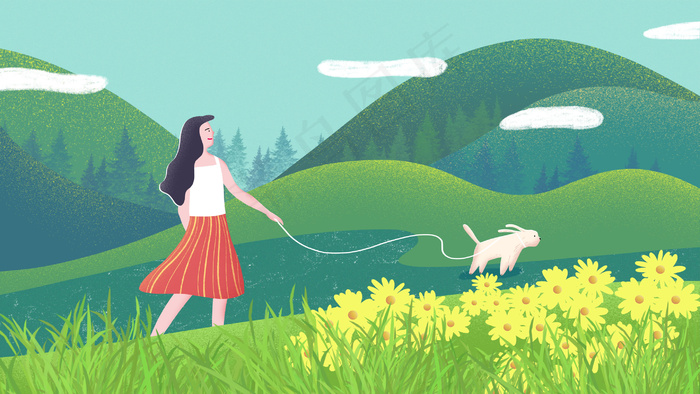 夏天出游赏花的女孩和小狗