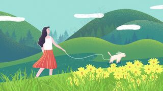 夏天出游赏花的女孩和小狗