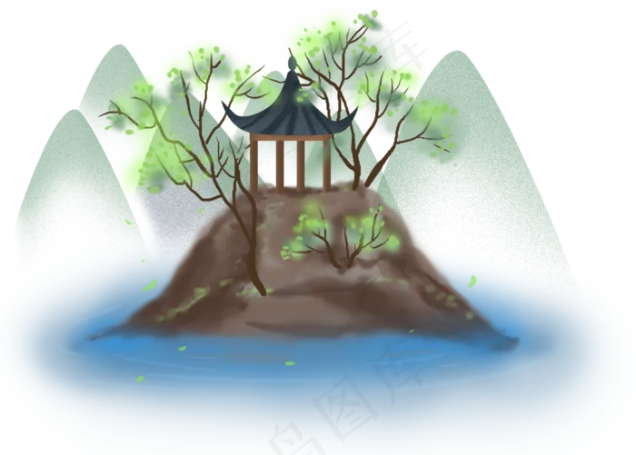 中国风古风湖中的亭子,免抠元素(4219*3019px 300 dpi )psd模版下载