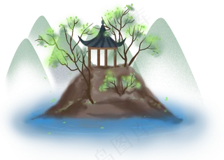 中国风古风湖中的亭子,免抠元素