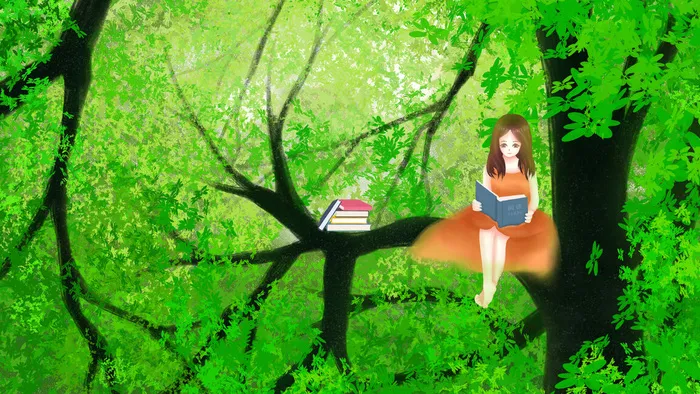 手绘坐在大树上阅读的女孩(2880*1620px 300 dpi )psd模版下载