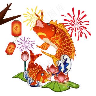元宵节花灯锦鲤闹元宵手绘灯笼,免抠元素