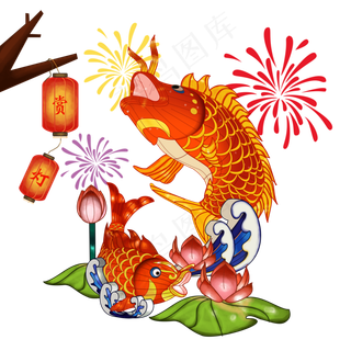 元宵节花灯锦鲤闹元宵手绘灯笼,免抠元素