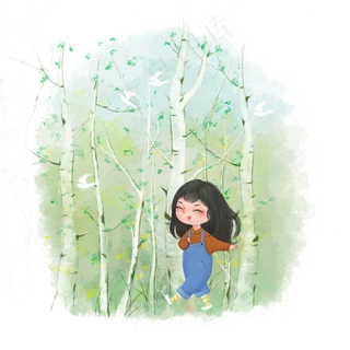 春天郊游春光PNG植物树林少女,免抠元素