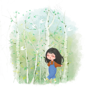 春天郊游春光PNG植物树林少女,免抠元素