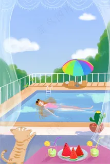 清新 夏天 游泳 吃瓜