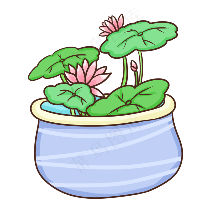 手绘荷花水缸PNG免抠图