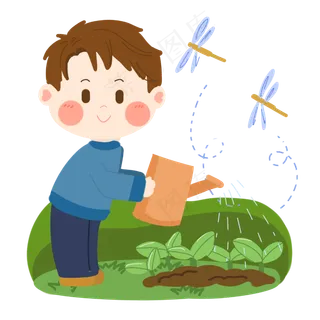 植树节卡通男孩浇灌小树苗PNG素材,免抠元素
