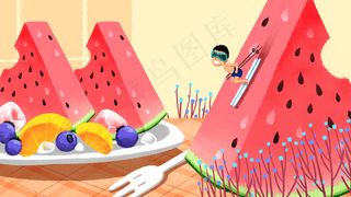 卡通手绘风夏景西瓜配图